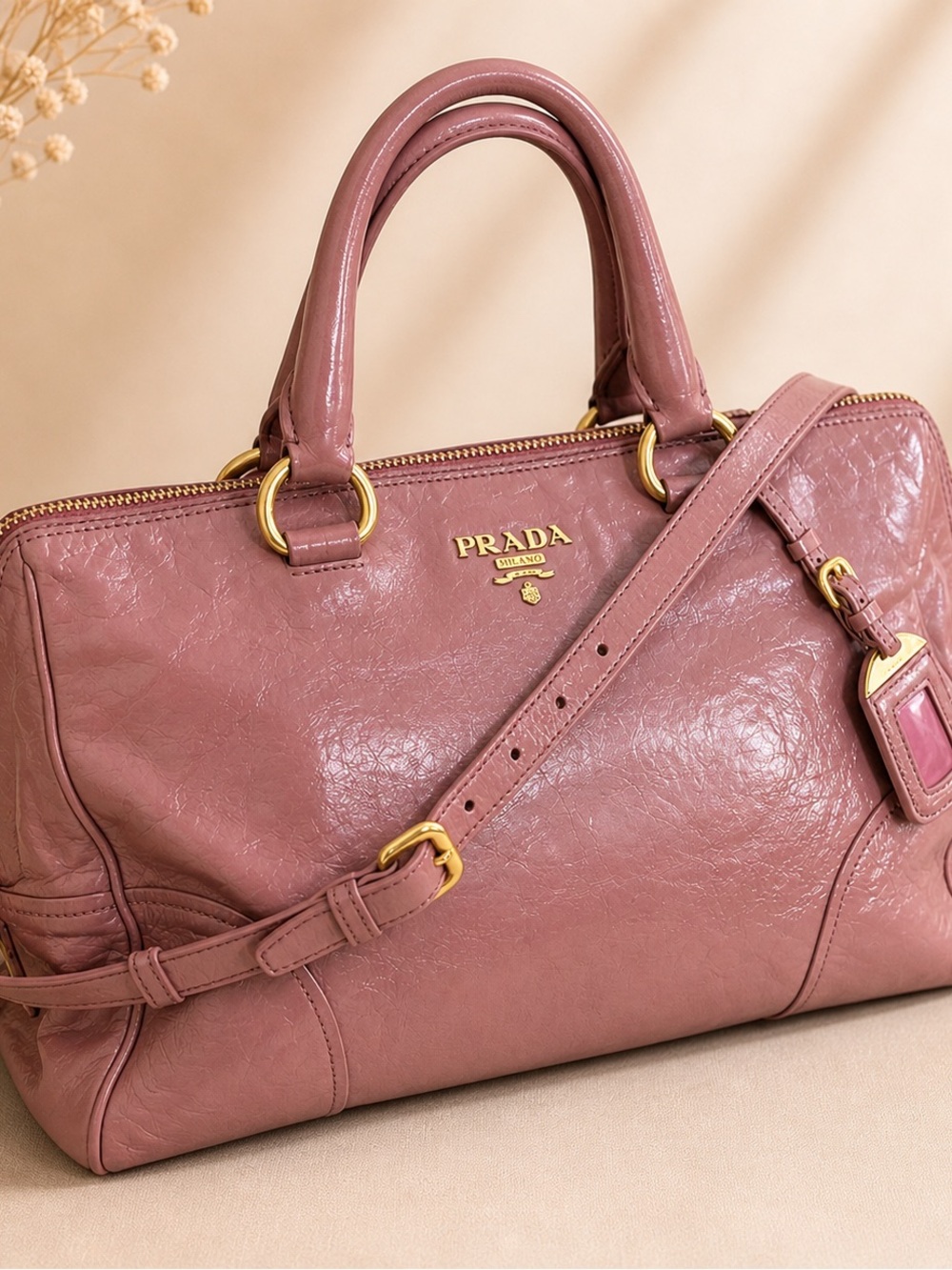 Prada Vitello Shine Leather Satchel Antique Pink Shoulder Handbag - Picture 2 of 15